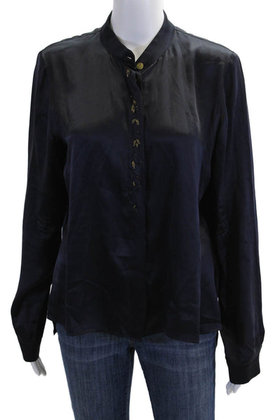 Maskit Womens Silk Long Sleeve Round Neck Button-Down Shirt Blue Size S