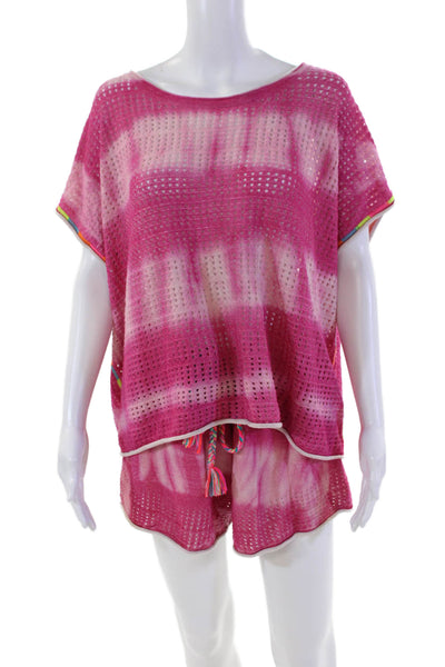 Lisa Todd Women's Short Sleeves Round Neck Mesh Two Piece Shorts Set Pink Size L