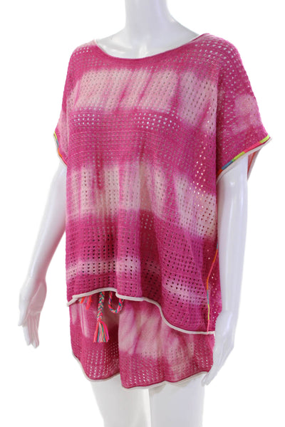Lisa Todd Women's Short Sleeves Round Neck Mesh Two Piece Shorts Set Pink Size L