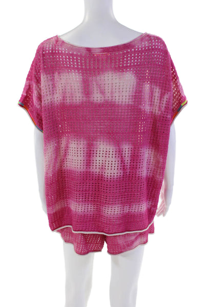 Lisa Todd Women's Short Sleeves Round Neck Mesh Two Piece Shorts Set Pink Size L