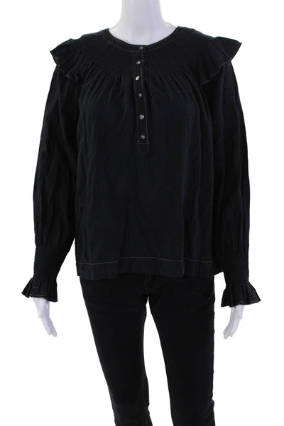La Vie Womens Cotton Smocked Neckline Ruffled Accent Blouse Black Size S