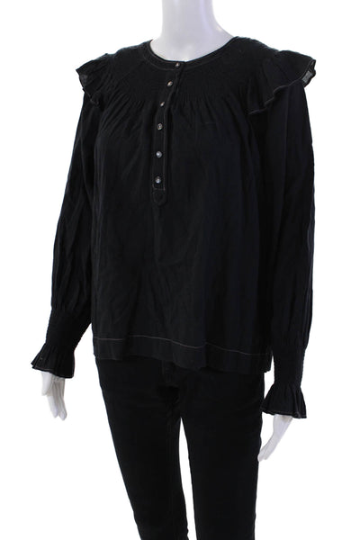 La Vie Womens Cotton Smocked Neckline Ruffled Accent Blouse Black Size S