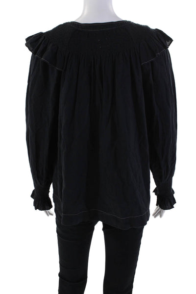 La Vie Womens Cotton Smocked Neckline Ruffled Accent Blouse Black Size S