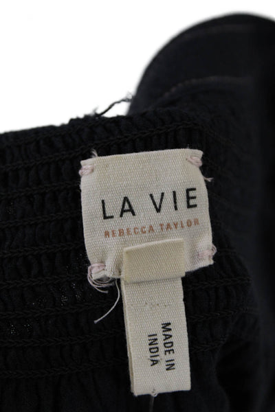 La Vie Womens Cotton Smocked Neckline Ruffled Accent Blouse Black Size S