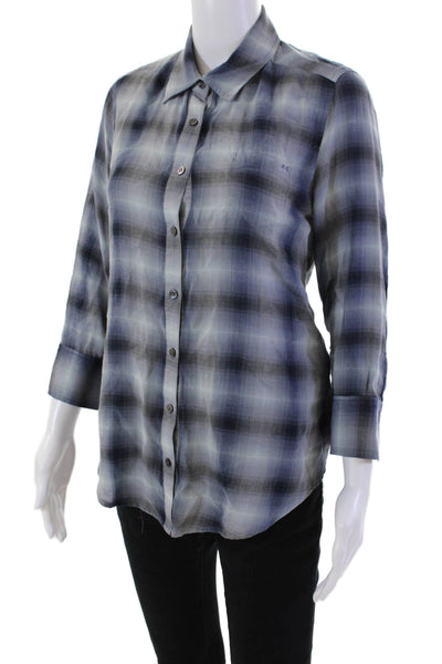 Elizabeth and James Womens Cotton Plaid Rouched Sleeve Blouse Blue Size M