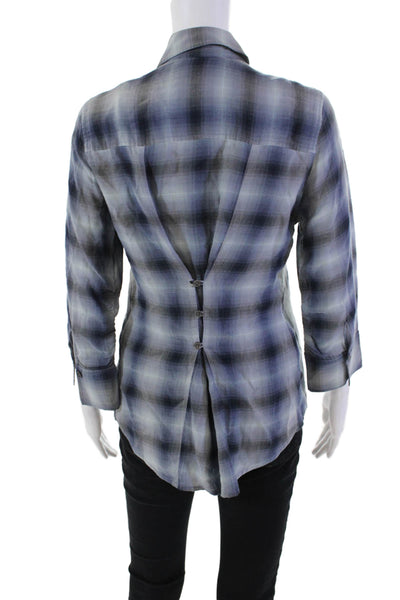 Elizabeth and James Womens Cotton Plaid Rouched Sleeve Blouse Blue Size M