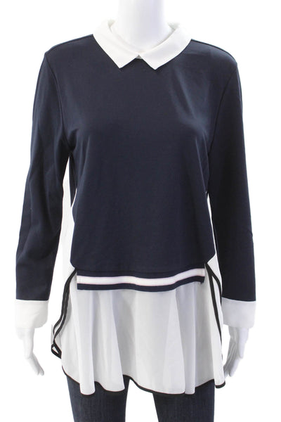 Tristan Womens Striped Collared Long Sleeve Pullover Blouse Top Navy Size L