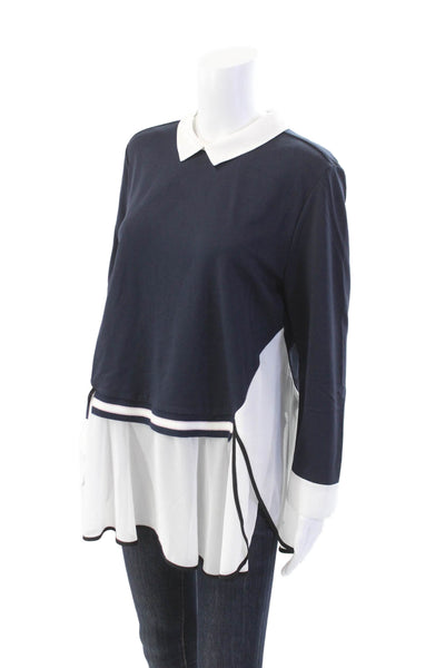 Tristan Womens Striped Collared Long Sleeve Pullover Blouse Top Navy Size L