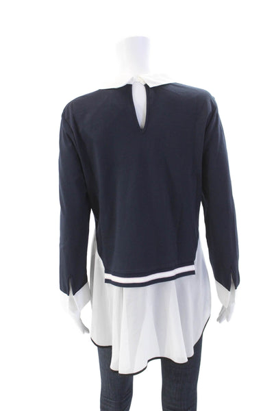 Tristan Womens Striped Collared Long Sleeve Pullover Blouse Top Navy Size L