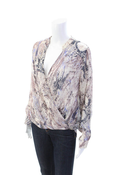 Olivia Graye Womens Metallic Animal Print Long Sleeve Blouse Top Gray Size M