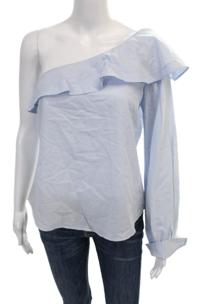 A.L.C. Womens Cotton Ruffle Trim Long Sleeve One Shoulder Blouse Top Blue Size 4