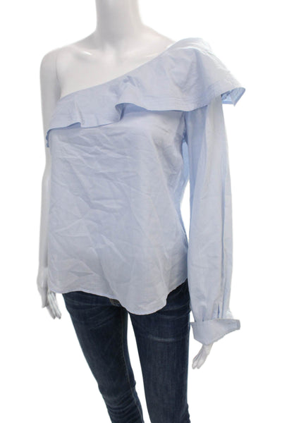 A.L.C. Womens Cotton Ruffle Trim Long Sleeve One Shoulder Blouse Top Blue Size 4