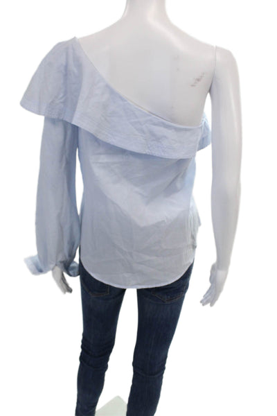 A.L.C. Womens Cotton Ruffle Trim Long Sleeve One Shoulder Blouse Top Blue Size 4
