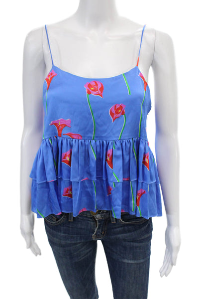 Caroline Constas Womens Silk Floral Round Neck Tank Top Blouse Blue Size S