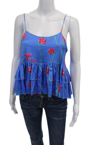 Caroline Constas Womens Silk Floral Round Neck Tank Top Blouse Blue Size S
