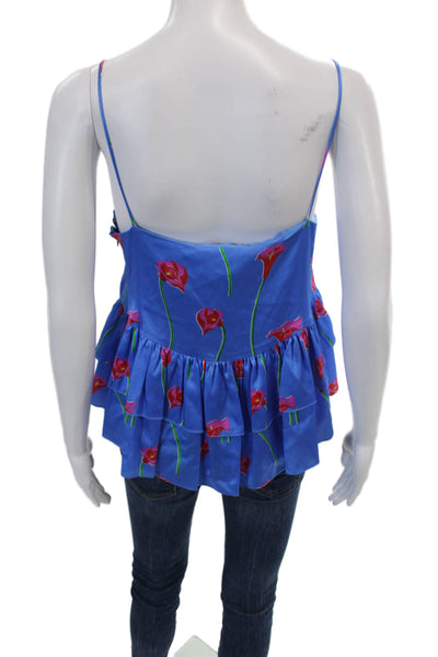 Caroline Constas Womens Silk Floral Round Neck Tank Top Blouse Blue Size S