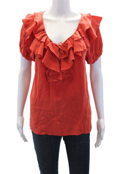 Joie Womens Silk Ruffle Trim Short Sleeve Pullover Blouse Top Orange Size S