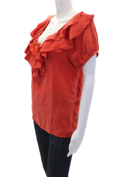 Joie Womens Silk Ruffle Trim Short Sleeve Pullover Blouse Top Orange Size S