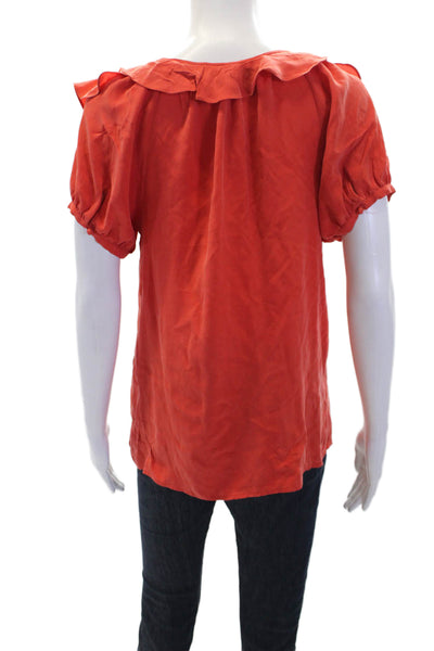 Joie Womens Silk Ruffle Trim Short Sleeve Pullover Blouse Top Orange Size S