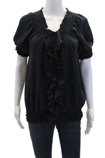 Joie Womens Silk Ruched Short Sleeve Button Up Blouse Top Black Size L