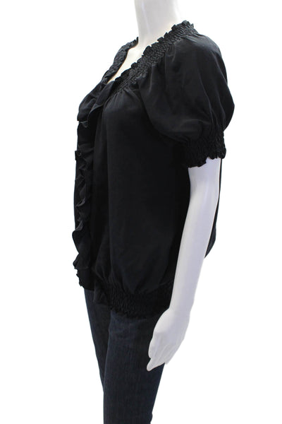 Joie Womens Silk Ruched Short Sleeve Button Up Blouse Top Black Size L