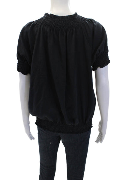 Joie Womens Silk Ruched Short Sleeve Button Up Blouse Top Black Size L