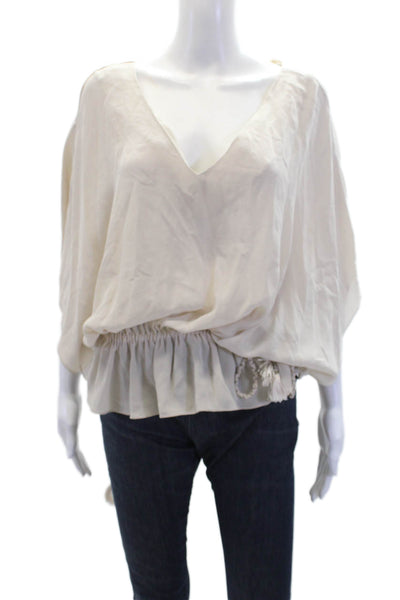 Chelsea Flower Womens Silk V-Neck Short Sleeve Pullover Blouse Top Beige Size XS