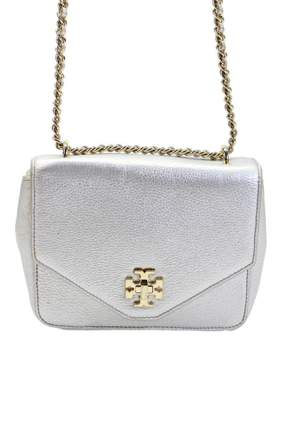 Tory Burch Wonens Metallic Leather Turn Lock Shoulder Bag Purse Silver