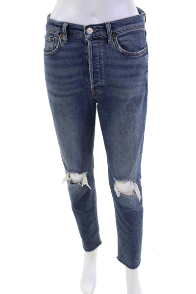 Re/Done Womens Cotton Distressed High-Rise Slim Denim Jeans Blue Size 28