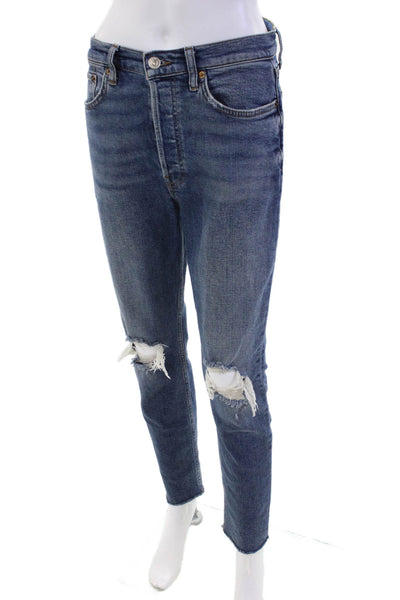 Re/Done Womens Cotton Distressed High-Rise Slim Denim Jeans Blue Size 28