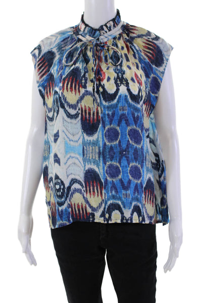 Mariacher Womens Silk Sleeveless Scalloped Ruffled Neck Blouse Blue Size L