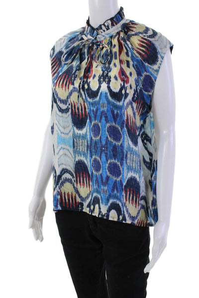 Mariacher Womens Silk Sleeveless Scalloped Ruffled Neck Blouse Blue Size L