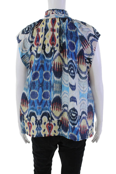 Mariacher Womens Silk Sleeveless Scalloped Ruffled Neck Blouse Blue Size L