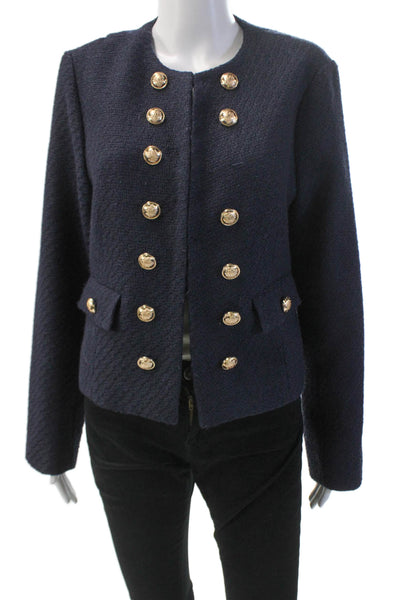 WD NY Womens Textured Long Sleeve Lined Gold Tone Button Blazer Navy Size L