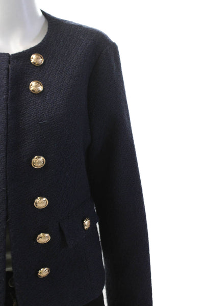 WD NY Womens Textured Long Sleeve Lined Gold Tone Button Blazer Navy Size L