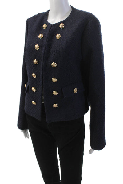 WD NY Womens Textured Long Sleeve Lined Gold Tone Button Blazer Navy Size L