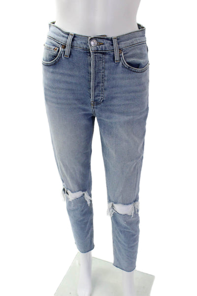 Re/Done Womens Cotton Buttoned Distress Light Wash High-Rise Jeans Blue Size 26