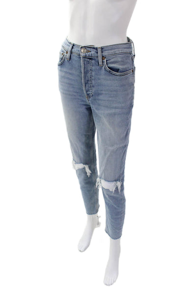 Re/Done Womens Cotton Buttoned Distress Light Wash High-Rise Jeans Blue Size 26