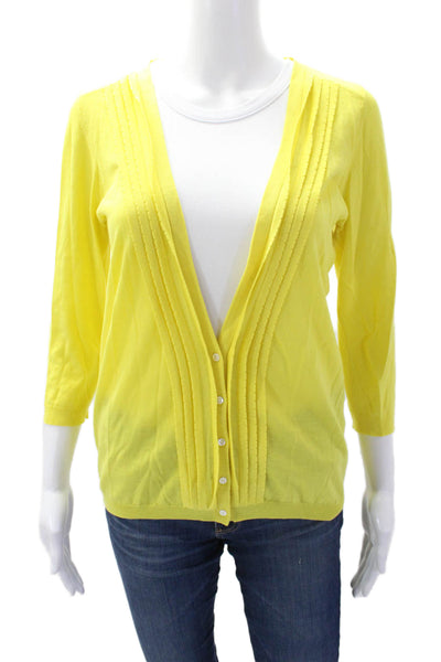 Theory Womens Wool V-neck 3/4 Sleeve Cardigan Sweater Top Yellow Size Large