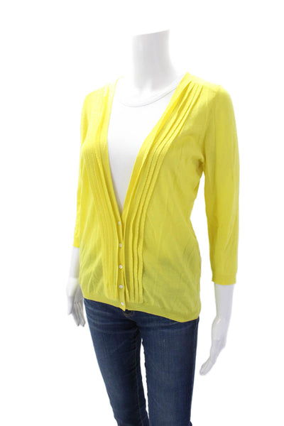 Theory Womens Wool V-neck 3/4 Sleeve Cardigan Sweater Top Yellow Size Large