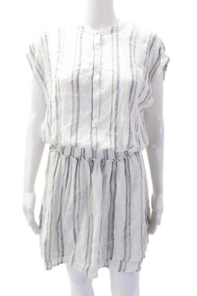 Rails Womens Cap Sleeve Crew Neck Smocked Striped Dress White Blue Size Small