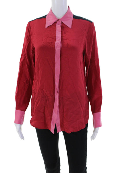 Sara Roka Women's Silk Long Sleeves Button Down Color Block Shirt Red Size 40