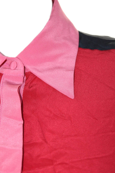 Sara Roka Women's Silk Long Sleeves Button Down Color Block Shirt Red Size 40