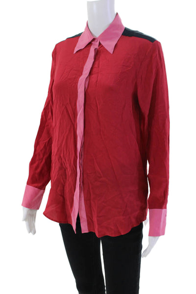 Sara Roka Women's Silk Long Sleeves Button Down Color Block Shirt Red Size 40