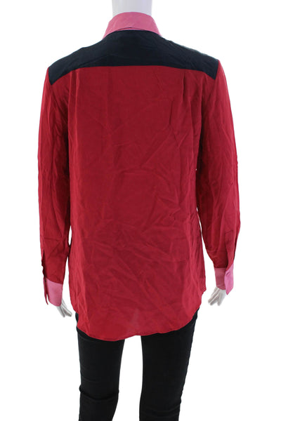 Sara Roka Women's Silk Long Sleeves Button Down Color Block Shirt Red Size 40