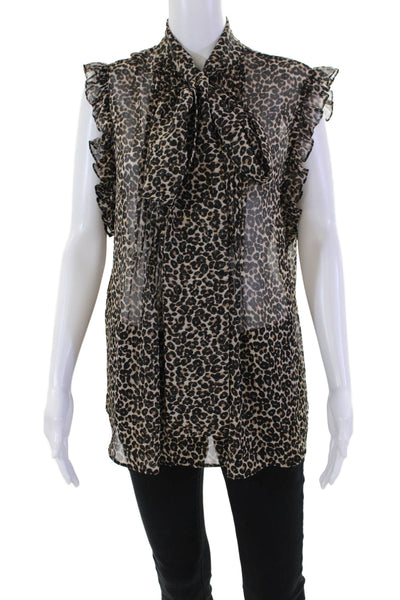Costarellos Womens Leopard Print Tie Collar Ruffle Blouse Brown Size 38