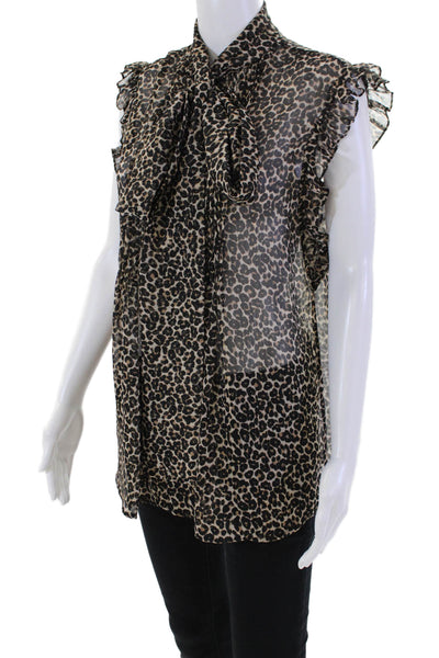 Costarellos Womens Leopard Print Tie Collar Ruffle Blouse Brown Size 38