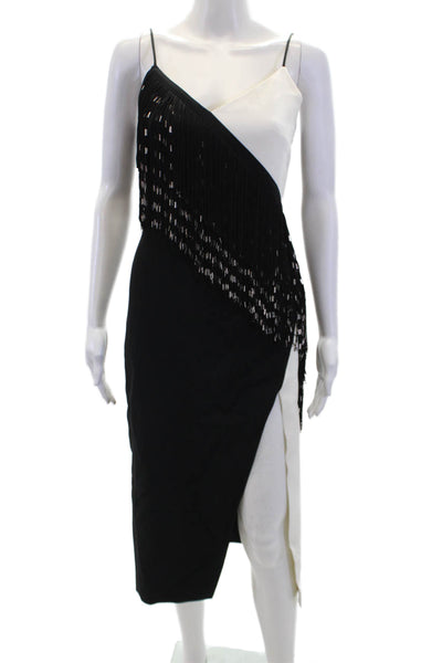 David Koma Womens Asymmetrical Fringe Detail V-Neck Midi Dress Black Size 8