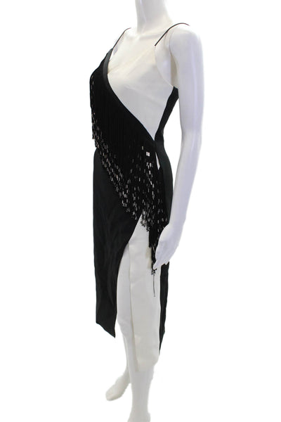 David Koma Womens Asymmetrical Fringe Detail V-Neck Midi Dress Black Size 8