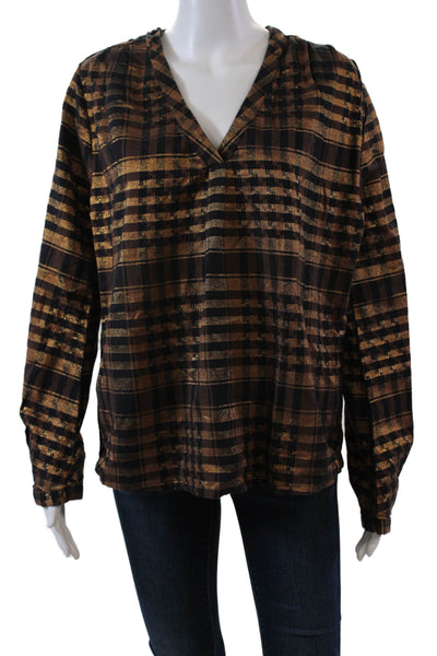 Ace & Jig Womens Cotton Metallic Plaid V-neck Long Sleeve Blouse Top Brown Sz L